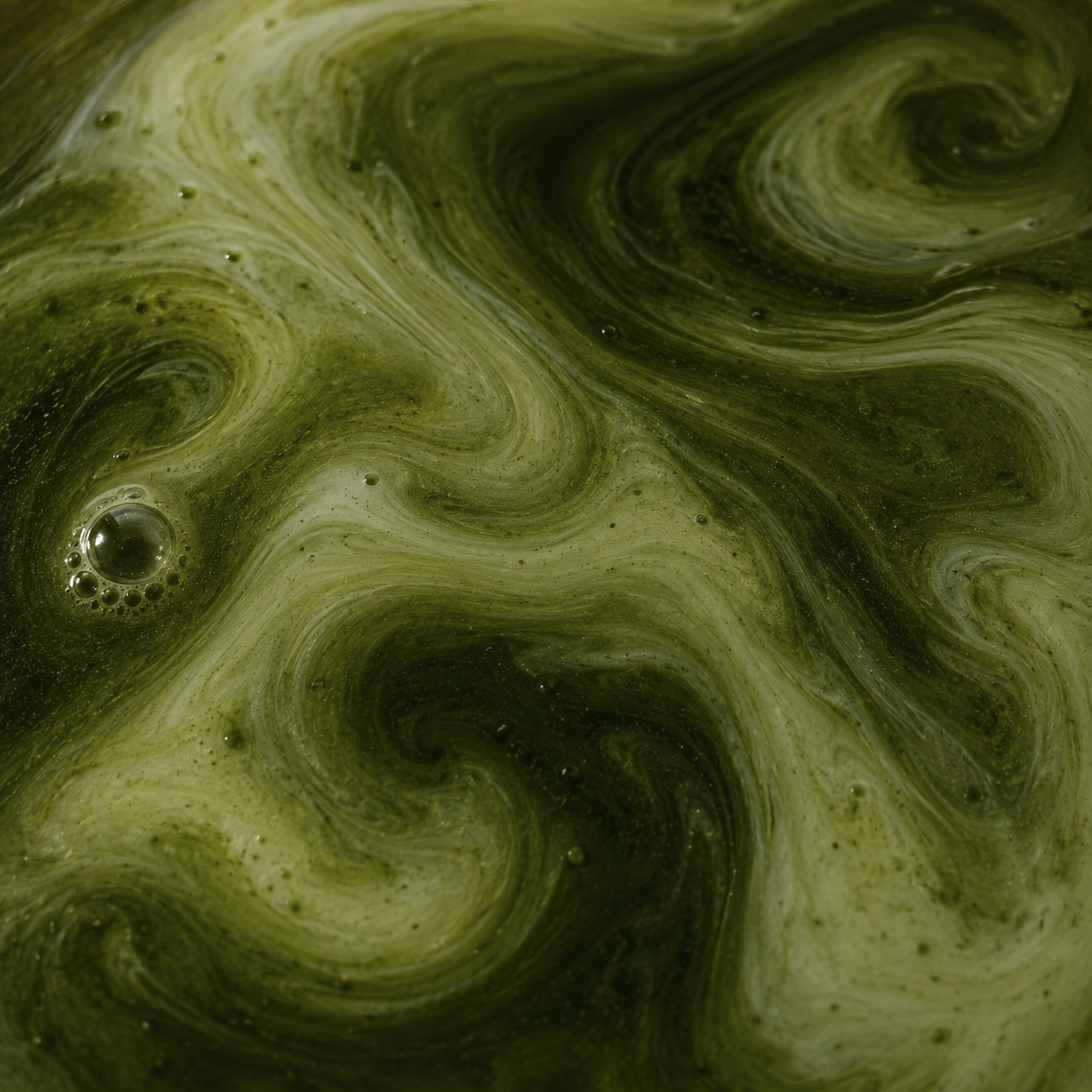 Close-up of ceremonial grade matcha swirling through coconut milk