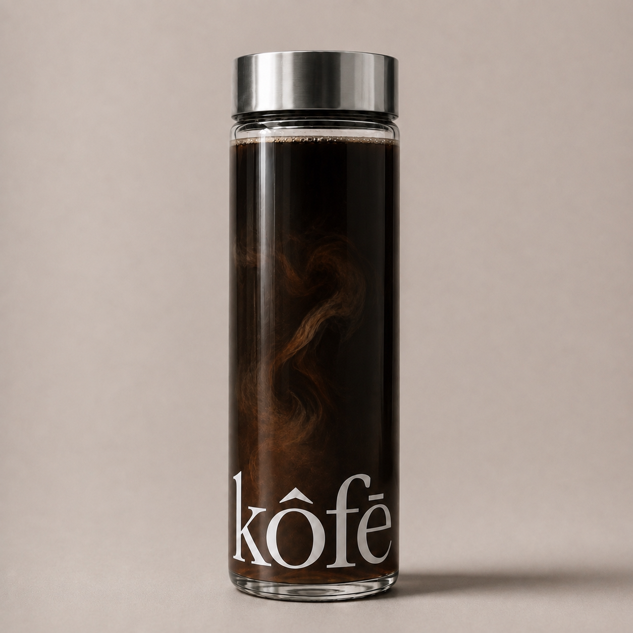 ʼkôfē branded glass bottle filled with iced black coffee