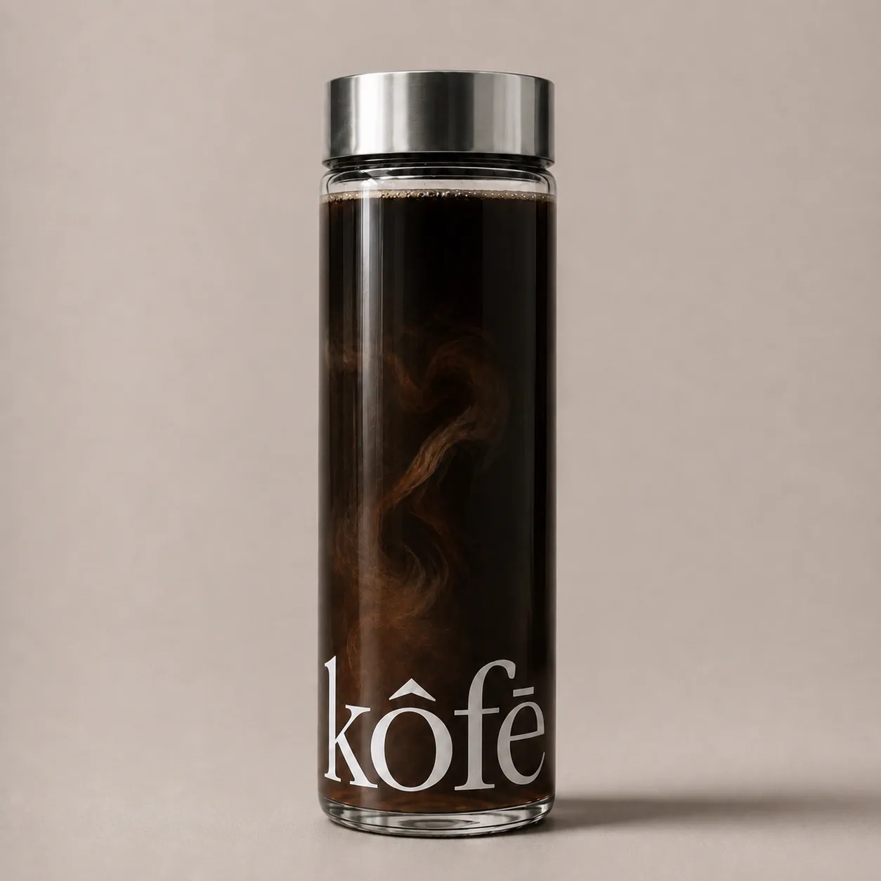 ʼkôfē branded glass bottle filled with iced black coffee