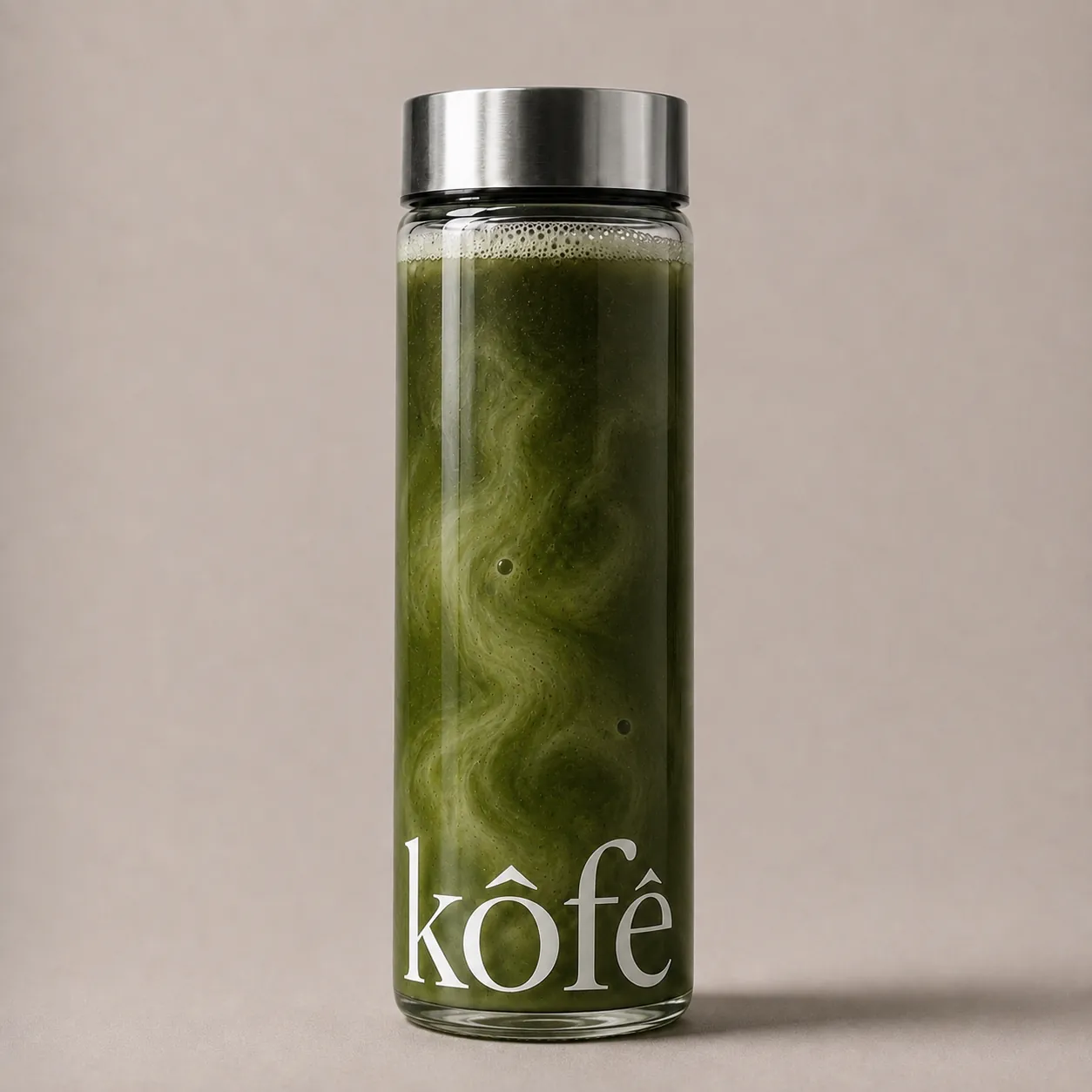 ʼkôfē branded glass bottle filled with iced matcha