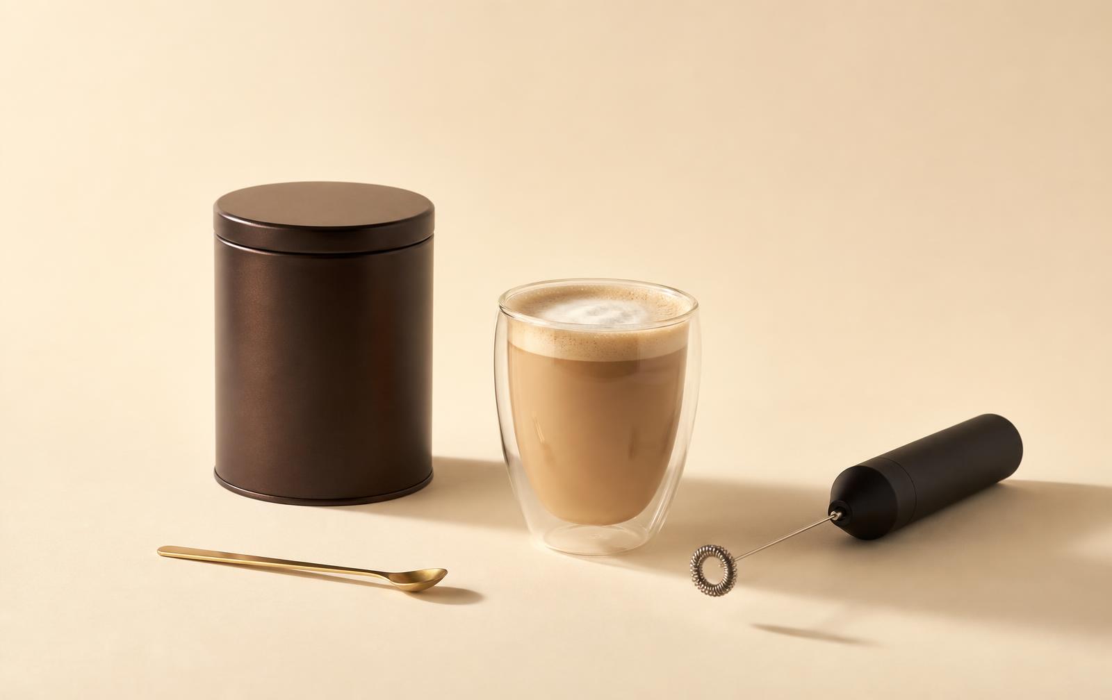 ʼkôfē gift set: espresso tin, double-walled glass, brass spoon and milk frother