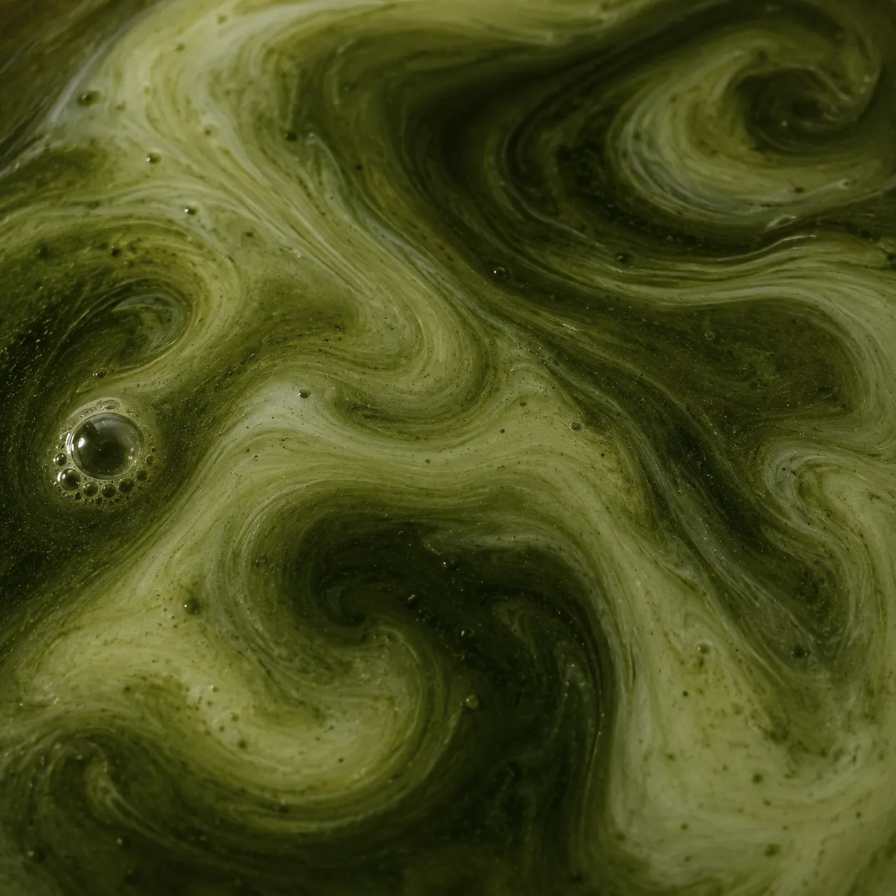 Close-up of ceremonial grade matcha swirling through coconut milk